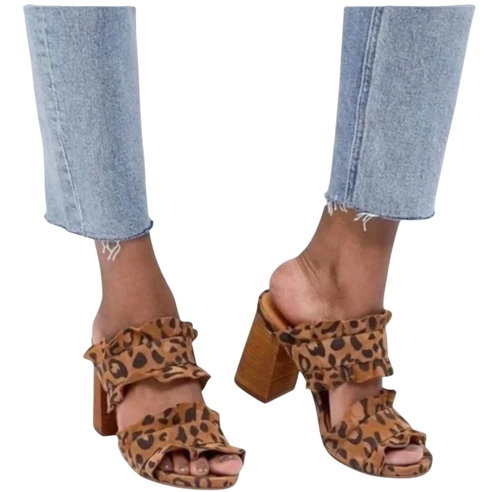 Free People‎ Leopard Print Ruffle Block Heel Mules Slides Size 38